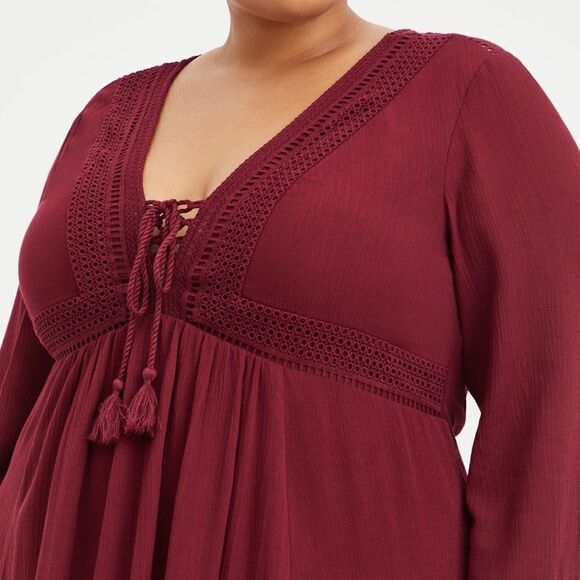 Torrid Mini Gauze Lace-Up Skater Dress Burgandy Boho 0 Or Large - Picture 3 of 7